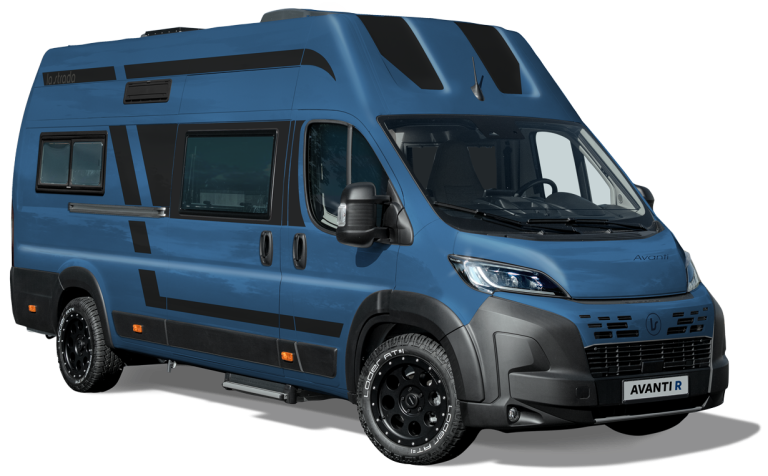 The new AVANTI R campervan from la strada Fahrzeugbau in the paint color "Storm Blue"
